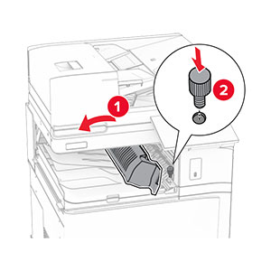 Handle G is opened, and then the screw is inserted into the paper transport.