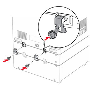 The 550-sheet tray and the printer are secured using brackets and screws.