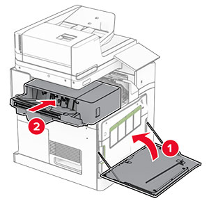 The front door is closed, and then the staple finisher is secured into place.