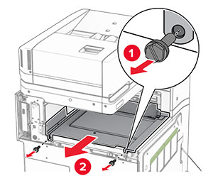 The staple finisher slider is aligned to the printer, and then secured with screws.