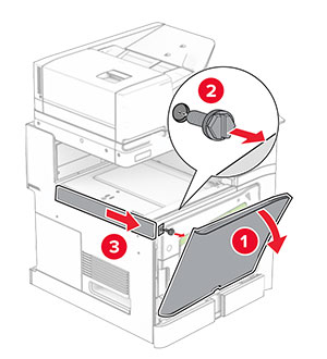 The front door is opened, the screw is removed, and then the left cover is removed.