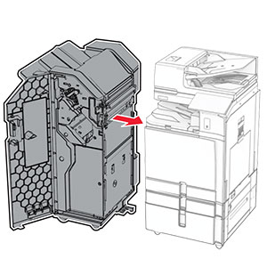 The staple, hole punch finisher is being attached to the printer.