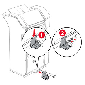 The metal bracket is attached to the base of the staple, hole punch finisher, and then secured with screws.