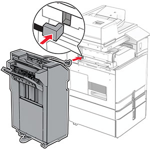 The staple, hole punch finisher cable is being connected to the paper transport with folding option.