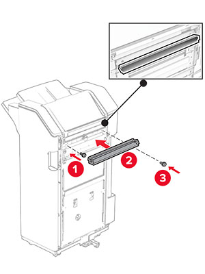 The feed guide is attached to the staple, hole punch finisher, and then secured with screws.