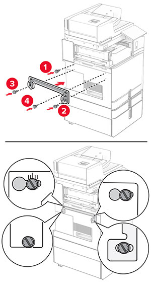 The mounting bracket is attached to the printer, and then secured with screws.