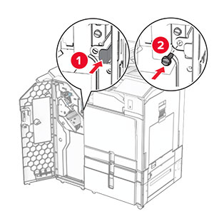 The staple, hole punch finisher lock is pushed into the finisher, and then secured with a screw.