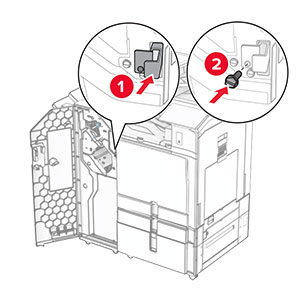 The staple, hole punch finisher lock is pushed into the finisher, and then secured with a screw.
