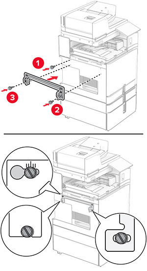 The mounting bracket is attached to the printer, and then secured with screws.