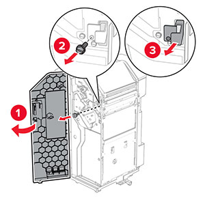 The finisher door is opened, and then the finisher is unlocked by removing the screw.