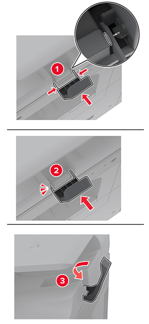 用紙ストッパーの下部を強く押しながら、ADF 排紙トレイに挿入します。