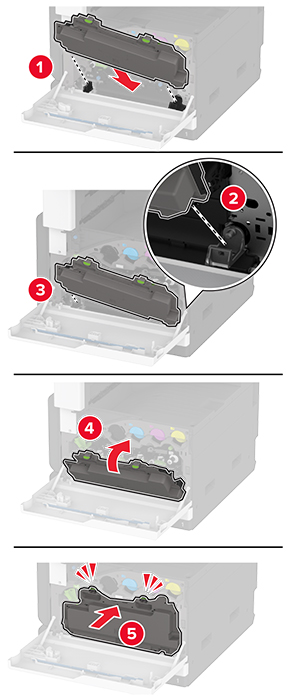 Waste toner bottle is aligned and inserted into the printer, one side at a time.