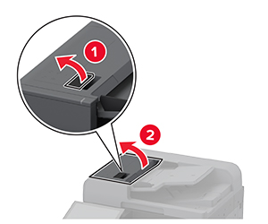 Spaken på den automatiska dokumentmatarens lucka dras ut och sedan öppnas luckan till den automatiska dokumentmataren.