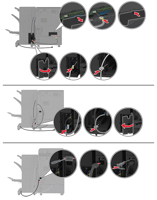 I quattro cavi vengono collegati alle porte della stampante e alle porte del fascicolatore.