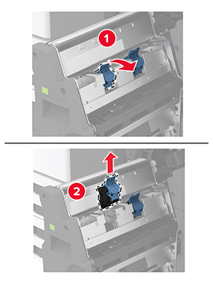 Il supporto della cartuccia graffette viene spinto verso il basso e quindi estratto dall'unità per opuscoli.