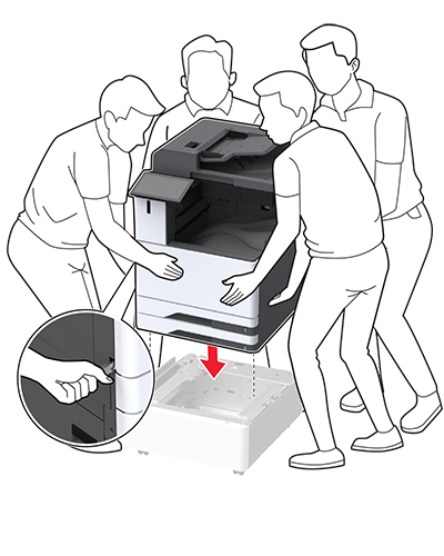 La stampante viene allineata e abbassata sul mobiletto opzionale.