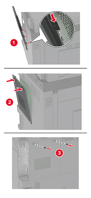 La parte inferiore del coperchio di accesso alla scheda del controller viene allineata ai rispettivi alloggiamenti, quindi il coperchio viene collegato e fissato con le viti.