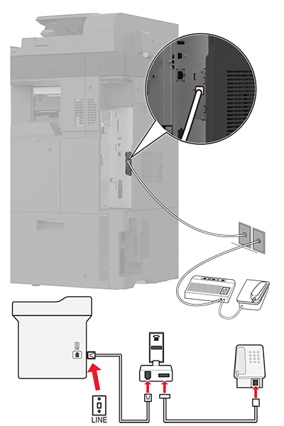  una stampante collegata a una linea fax non RJ11 mediante un spina dell'adattatore RJ11