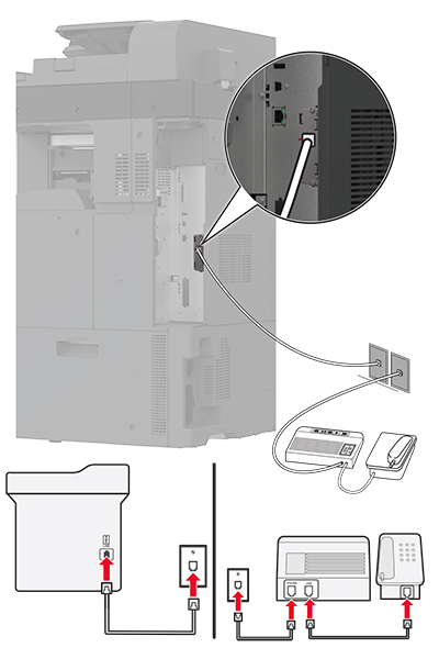 Una stampante è collegata a una segreteria telefonica e le due periferiche utilizzano prese a muro diverse.