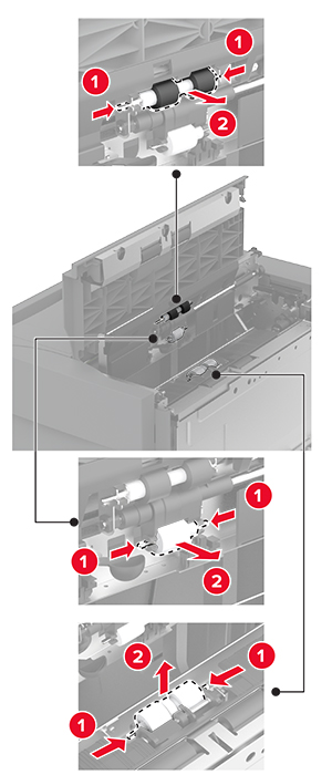 Placering av rullsatsens komponenter visas. Stegen för att ta bort dem illustreras också.