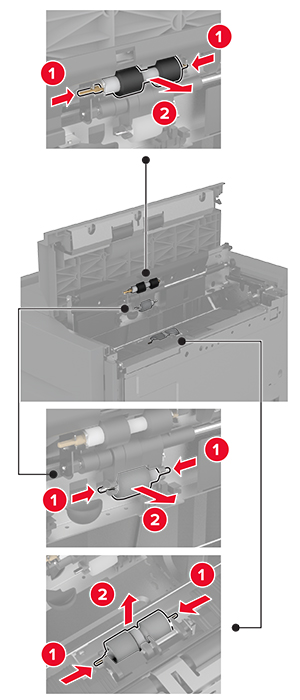 Vengono mostrate le posizioni dei componenti del kit rulli. Vengono inoltre illustrati i passaggi per rimuoverli.