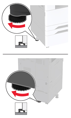 I dispositivi di livellamento nella parte anteriore, laterale e posteriore della stampante vengono ruotati.