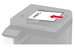 Papper fylls på i den automatiska dokumentmataren, med den övre marginalen först.