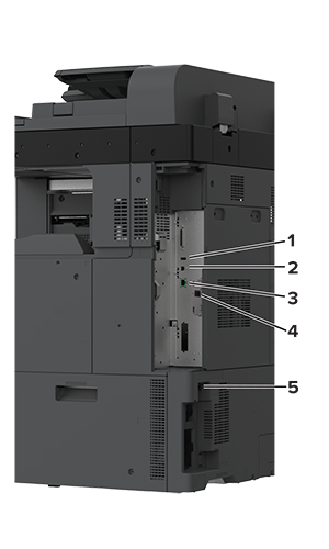 Porte e presa sul retro della stampante con descrizioni numerate.
