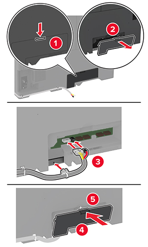 Il coperchio del connettore viene rimosso, quindi il cavo viene inserito nella porta del connettore.