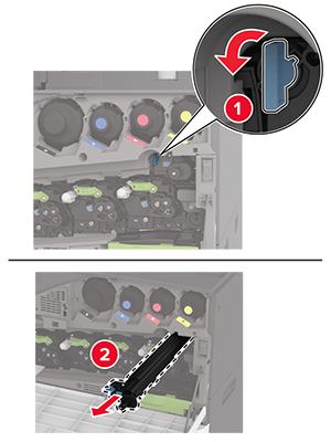 Blå lås drejes til venstre, og derefter fjernes den brugte renseenhed til overførselsmodulet.