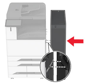 Trefold-/Z‑fals-efterbehandleren justeres og fastgøres derefter til printeren.