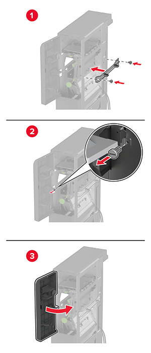 La staffa di installazione viene fissata al lato destro della stampante mediante viti. Lo sportello del fascicolatore viene chiuso.
