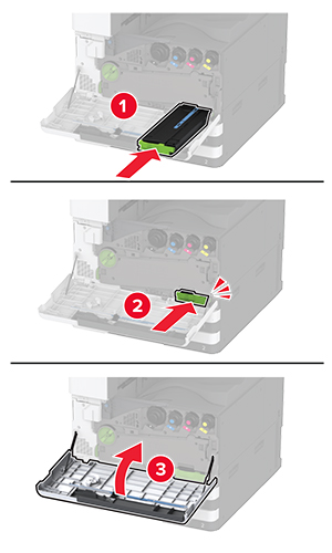 Il contenitore del toner di scarto viene allineato correttamente e quindi inserito nella stampante.