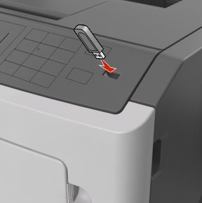 The illustration shows the the flash drive being inserted in the printer usb port.