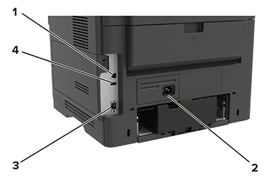 Илюстрацията показва задните портове на корпуса на принтера.