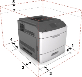 The illustration shows the printer clearances.