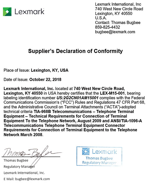 Declaration of Conformity with FCC and ACTA for LEX-M15-001