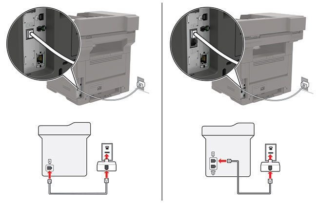  a printer connected to a non-RJ11 fax line using an RJ11 adapter plug