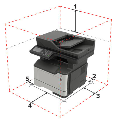 Na ilustraciji je prikazana količina prostora oko štampača.