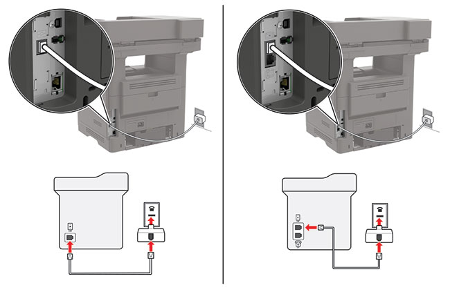  o imprimantă conectată la o linie de fax non-RJ11 utilizând o mufă adaptoare RJ11
