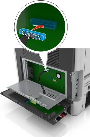 Attach the blue plug of the ISP solution interface cable into the blue receptacle on the controller board.