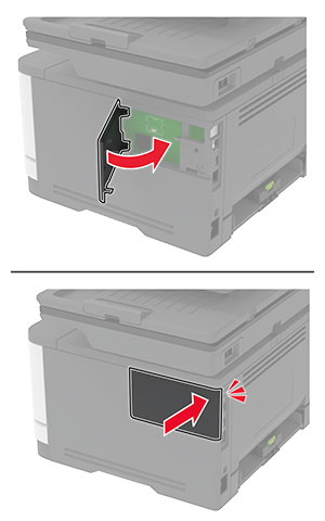 A porta na lateral direita da impressora está fechada.