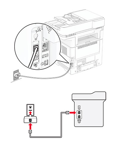  a printer connected to a non-RJ11 fax line using an RJ11 adapter plug
