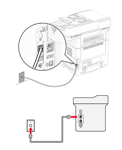 A printer is connected directly to a wall jack.