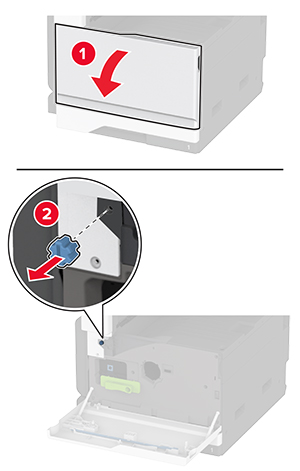 Die vordere Klappe wird geöffnet, und anschließend wird der blaue Knopf links von der Tonerkassette entfernt.