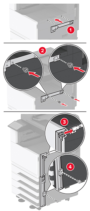 An der rechten Seite des Druckers werden horizontale und vertikale Halterungen angebracht.