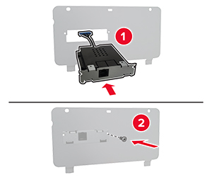 Stikkablet indsættes gennem åbningen i harddiskdækslet. Faxkortet fastgøres derefter.