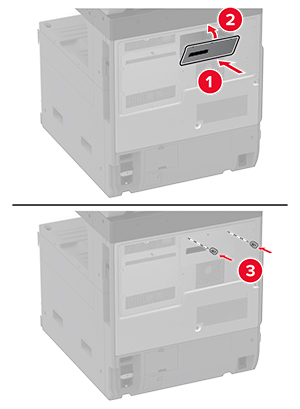 Ved hjælp af fingerskruer fastgøres harddiskdækslet på bagsiden af printeren.