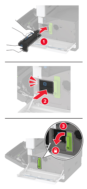  Die Belichtungseinheit ist in den Drucker eingesetzt, und der Knopf wird nach unten nach links gedrückt.