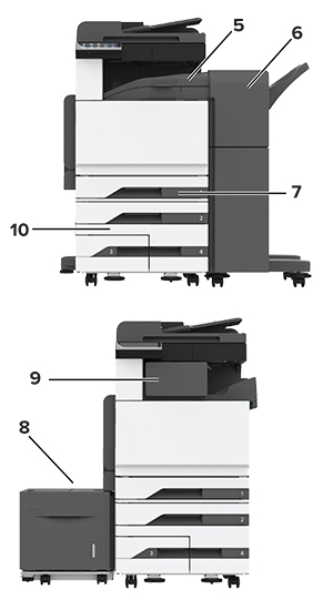 Områder med papirstop i printeren med nummererede billedforklaringer.